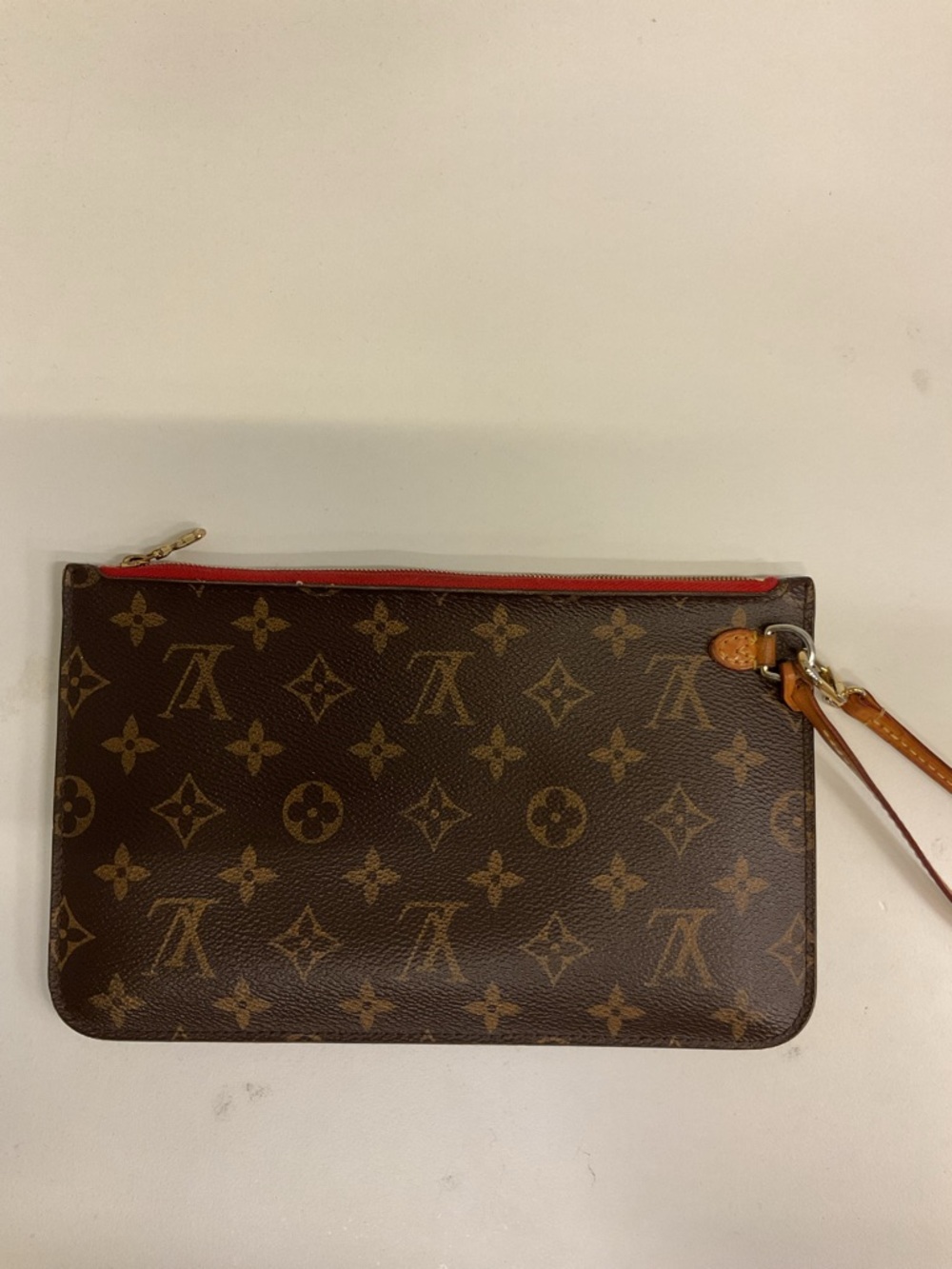 Authentic Louis Vuitton Monogram Zip Wristlet - Brown with Red Accent